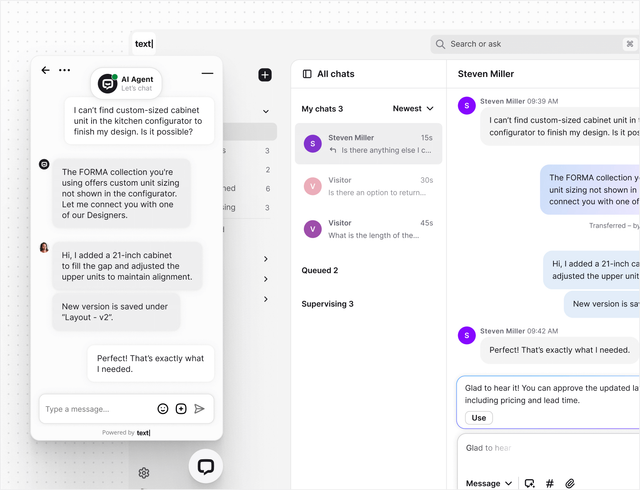 AI live chat in Text App for automation managers