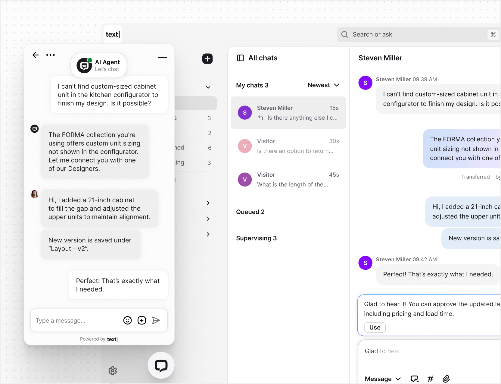 AI live chat in Text App for automation managers