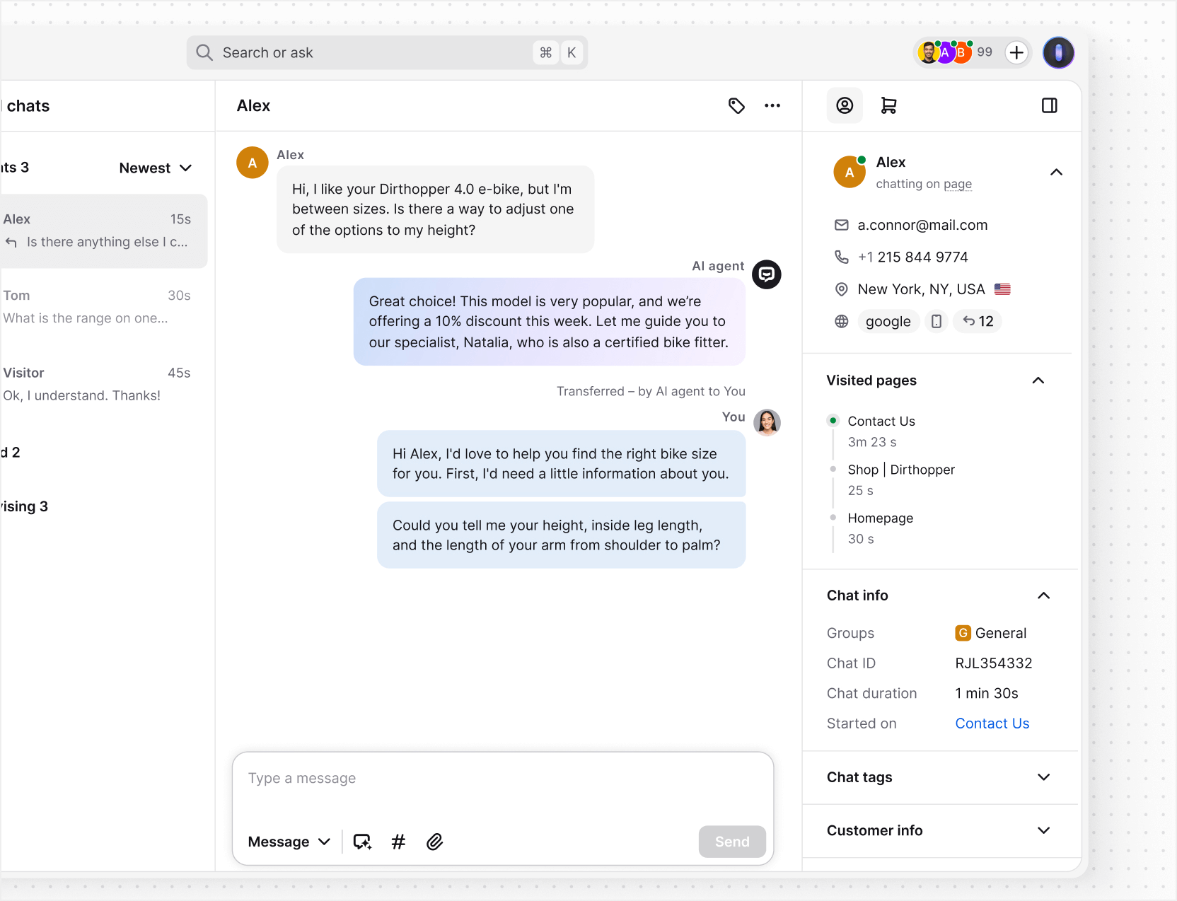 AI live chat in Text App for ecommerce